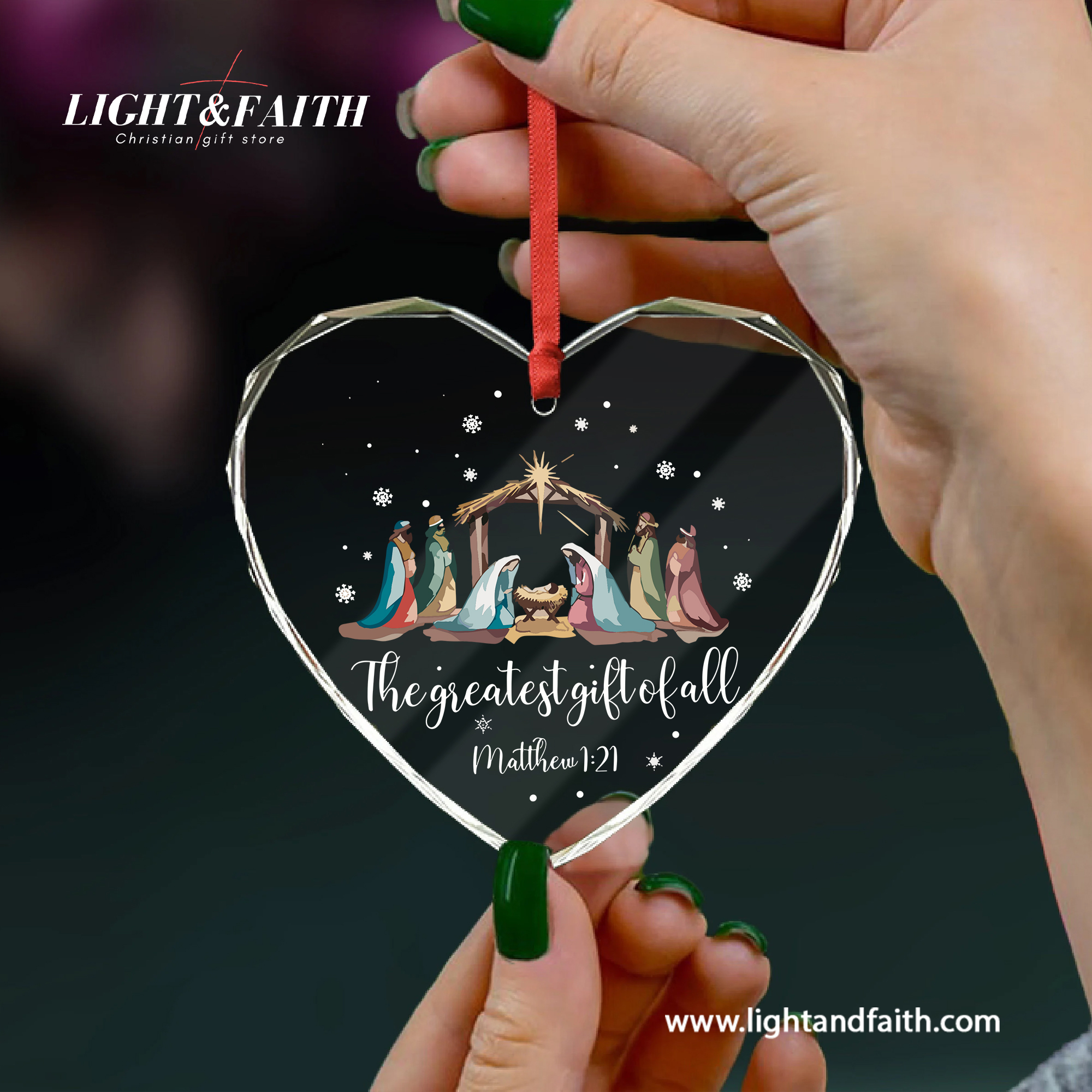 The Greatest Gift of All Glass Ornament, Matthew 1:21 Nativity Scene Ornament, Holy Family Christmas Decor, Christian Faith Gift, Religious Tree Decoration DCLAF56